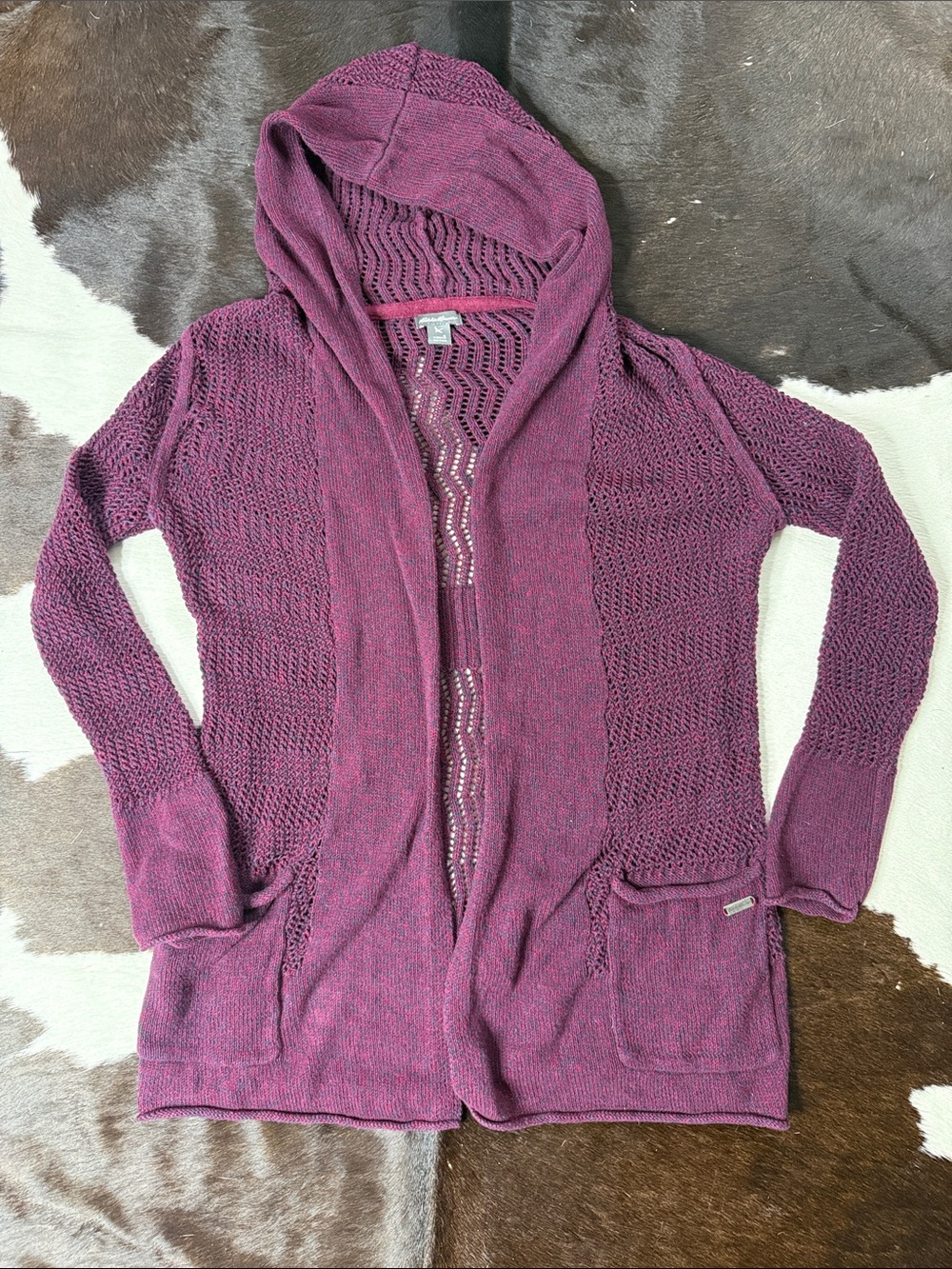Eddie Bauer Open-Front Hooded Cardigan in Plum
